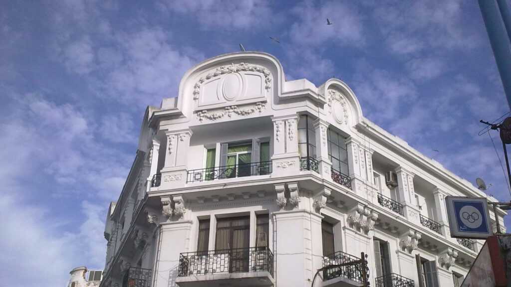 Art Deco building facade on Boulevard Mohammed V in downtown Casablanca