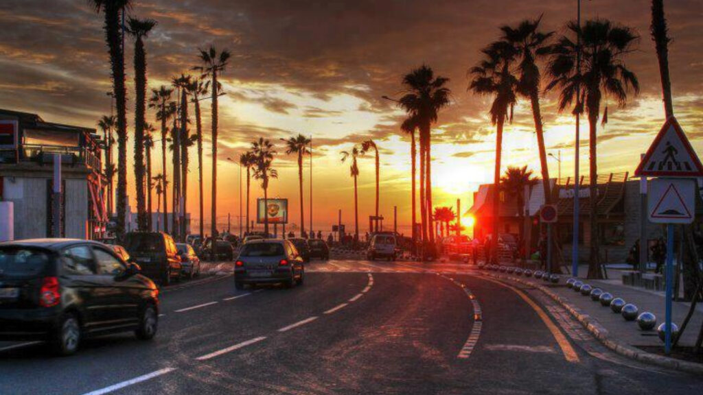 Corniche Ain Diab Casablanca at sunset with Atlantic Ocean in the background