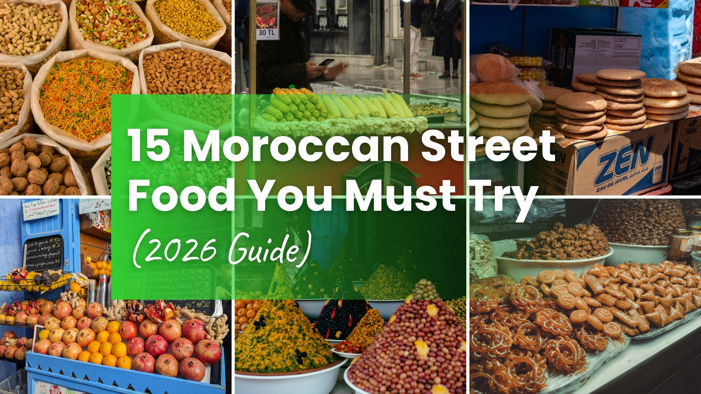 Six-panel collage of Moroccan street food market stalls showing spices, nuts, corn, flatbreads, olives, chebakia pastries and fresh pomegranates — 15 Moroccan street food dishes you must try 2026 guide