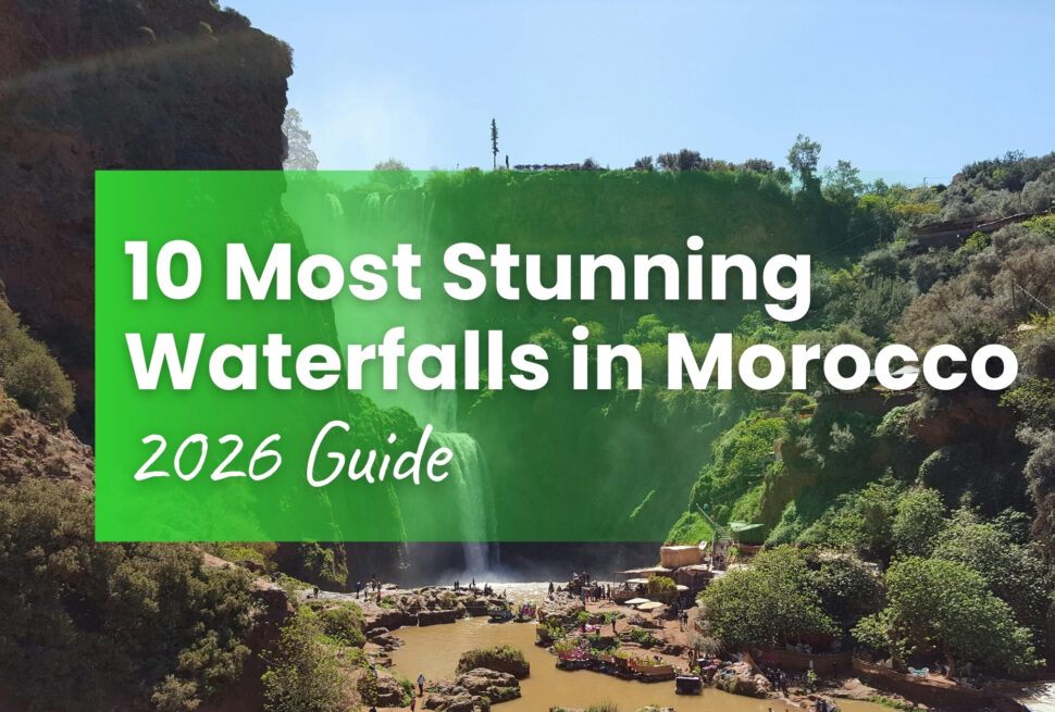 Aerial view of Cascades d'Ouzoud waterfall dropping into river gorge surrounded by lush cliffs — 10 most stunning waterfalls in Morocco