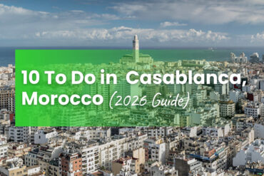 What to do in Casablanca Morocco — aerial cityscape with Hassan II Mosque minaret and the Atlantic Ocean